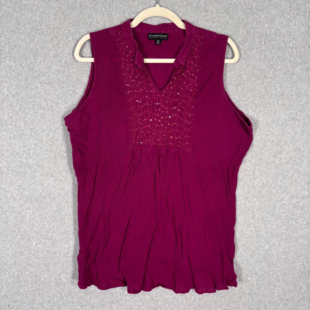 Greater Good Top 1X Beaded Crinkle Textured Cotton Embellished Boho Resort Artsy
